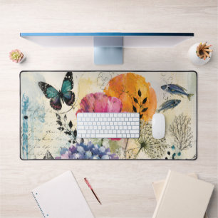 Vibrant Botanical Mixed Media Collage Art Desk Mat