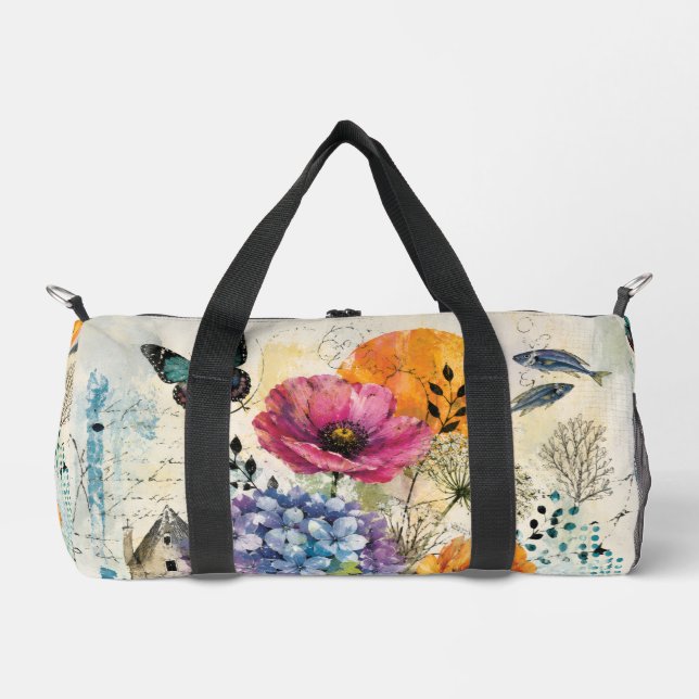 Vibrant Botanical Mixed Media Collage Art Duffle Bag (Front)
