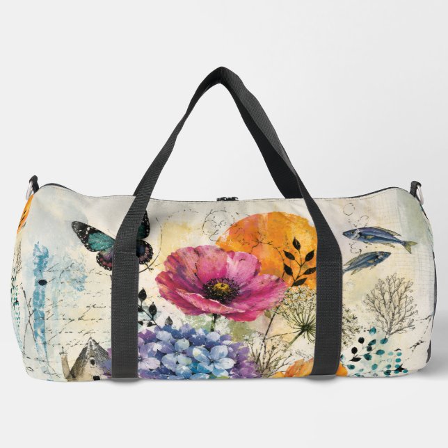 Vibrant Botanical Mixed Media Collage Art Duffle Bag (Front)