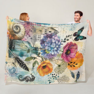 Vibrant Botanical Mixed Media Collage Art Fleece Blanket