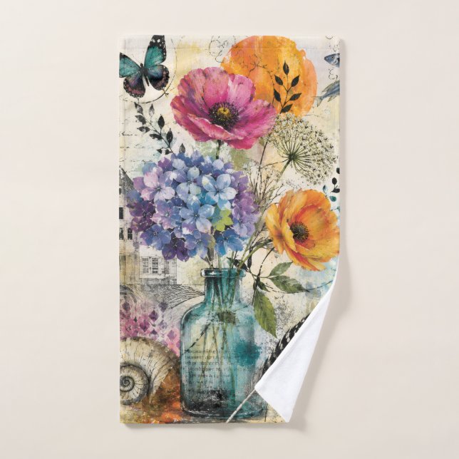 Vibrant Botanical Mixed Media Collage Art Hand Towel (Hand Towel)