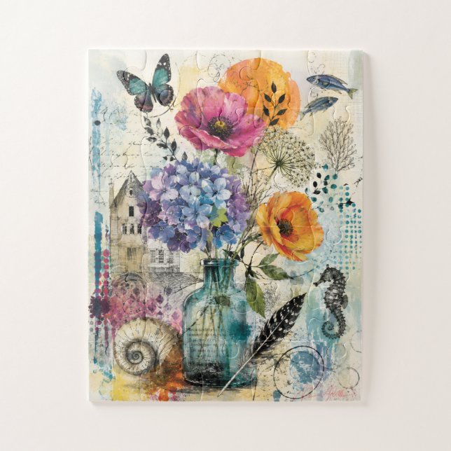 Vibrant Botanical Mixed Media Collage Art Jigsaw Puzzle (Vertical)