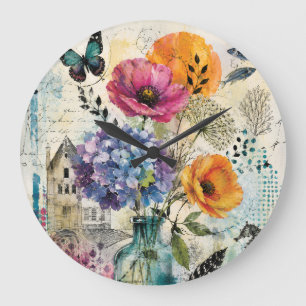 Vibrant Botanical Mixed Media Collage Art Large Clock