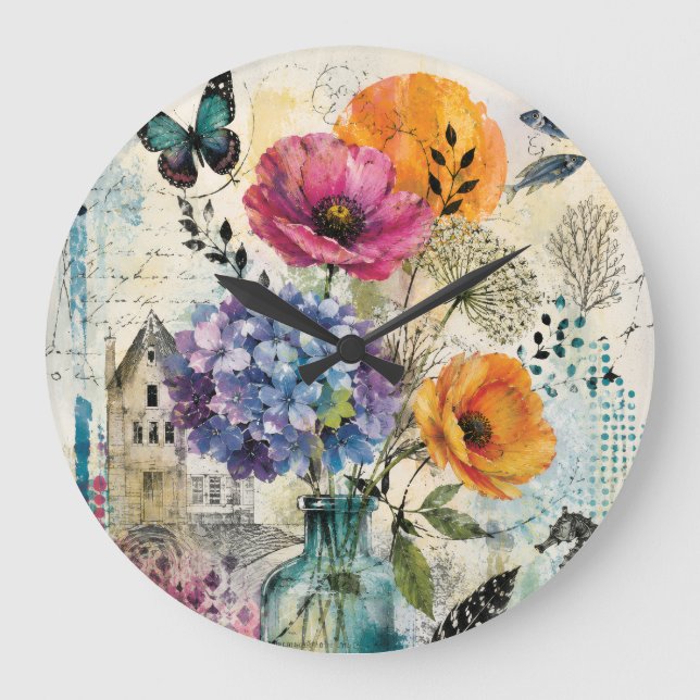 Vibrant Botanical Mixed Media Collage Art Large Clock (Front)