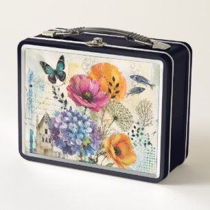 Vibrant Botanical Mixed Media Collage Art Metal Lunch Box