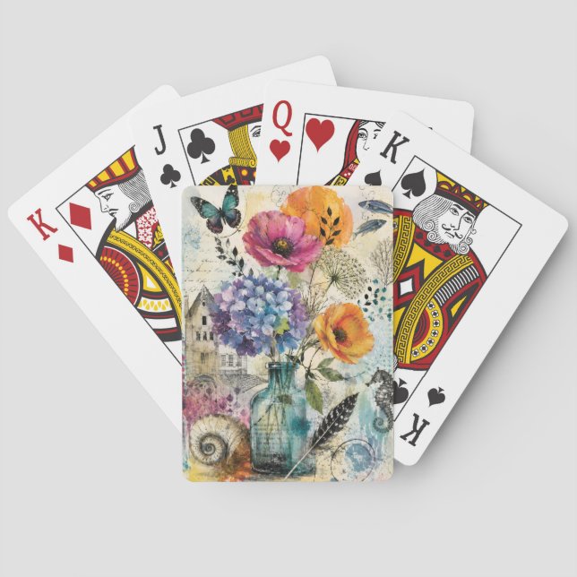 Vibrant Botanical Mixed Media Collage Art Playing Cards (Back)