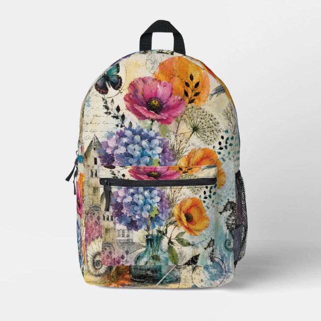 Vibrant Botanical Mixed Media Collage Art Printed Backpack (Front)