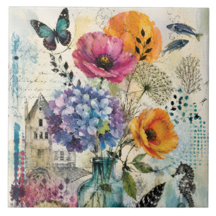 Vibrant Botanical Mixed Media Collage Art Tile