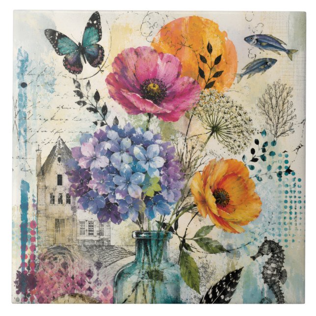 Vibrant Botanical Mixed Media Collage Art Tile (Front)