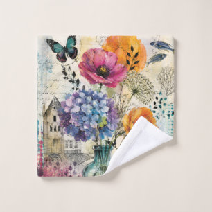 Vibrant Botanical Mixed Media Collage Art Wash Cloth