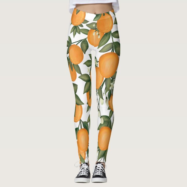Vibrant Botanical Orange Citrus Summer Clementine Leggings (Front)