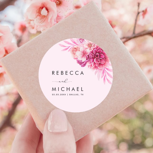 Vibrant Bright Hot Pink Floral Botanical Wedding Classic Round Sticker (Creator Uploaded)