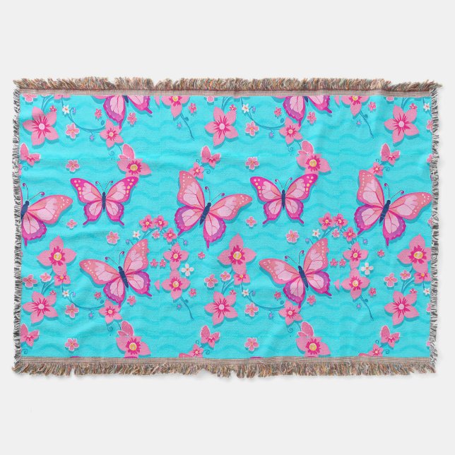 Vibrant Butterflies and Flowers Design Throw Blanket (Front)