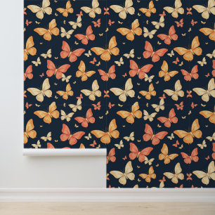 Vibrant Butterflies Pattern on Dark Blue Wallpaper