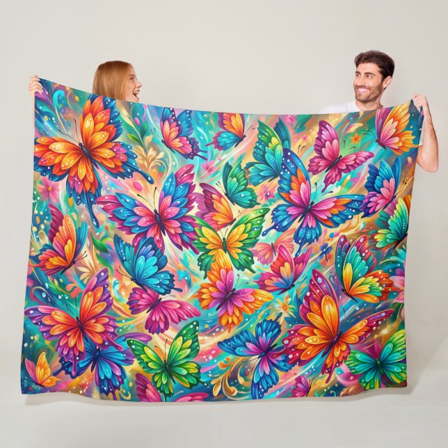 Vibrant Butterfly Dreamscape – Tropical Boho Fleece Blanket (In Situ)
