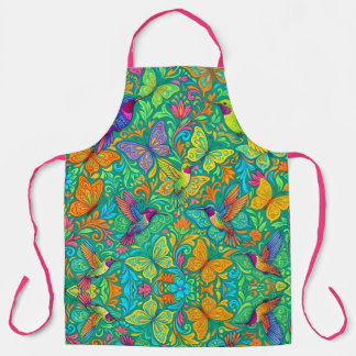 Vibrant Butterfly & Hummingbird Culinary Apron