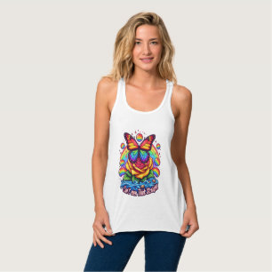 Vibrant Butterfly Perched on Colourful Rose Singlet