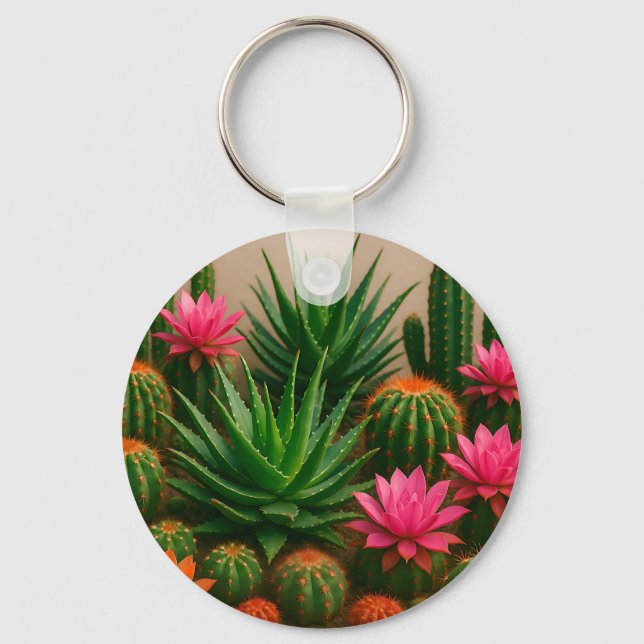 Vibrant Cactus Succulent Bloom Desert Key Ring (Front)