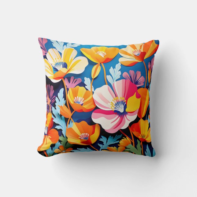 Vibrant California Poppies Flowers Cushion (Front)