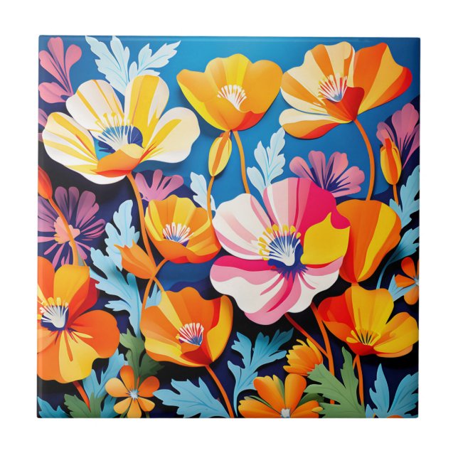 Vibrant California Poppies Flowers Tile (Front)