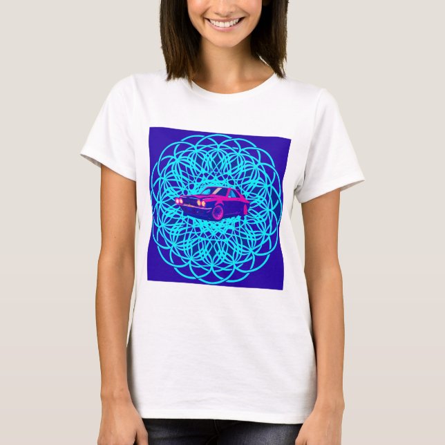 Vibrant Car Centered in Geometric Mandala T-Shirt (Front)