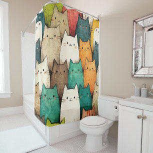 Vibrant Cartoon Cats in Vertical Art Shower Curtain