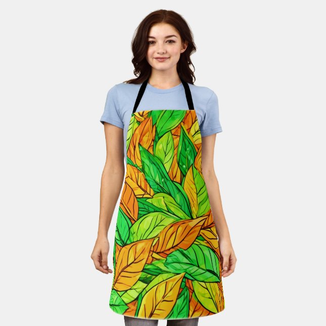 Vibrant Cartoon Leaves: Orange & Green Apron (Worn)