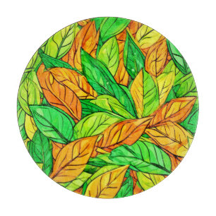 Vibrant Cartoon Leaves: Orange & Green Cutting Board
