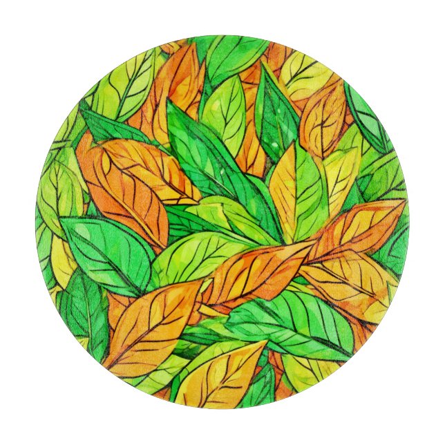 Vibrant Cartoon Leaves: Orange & Green Cutting Board (Front)