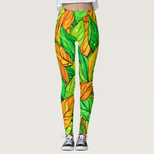 Vibrant Cartoon Leaves: Orange & Green Leggings