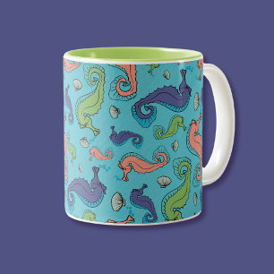 Vibrant Cartoon Seahorses and Shells Pattern Two-Tone Coffee Mug