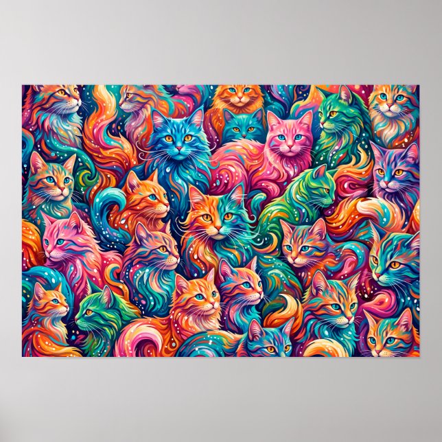 Vibrant Cat Dreamscape – Psychedelic Boho Poster (Front)
