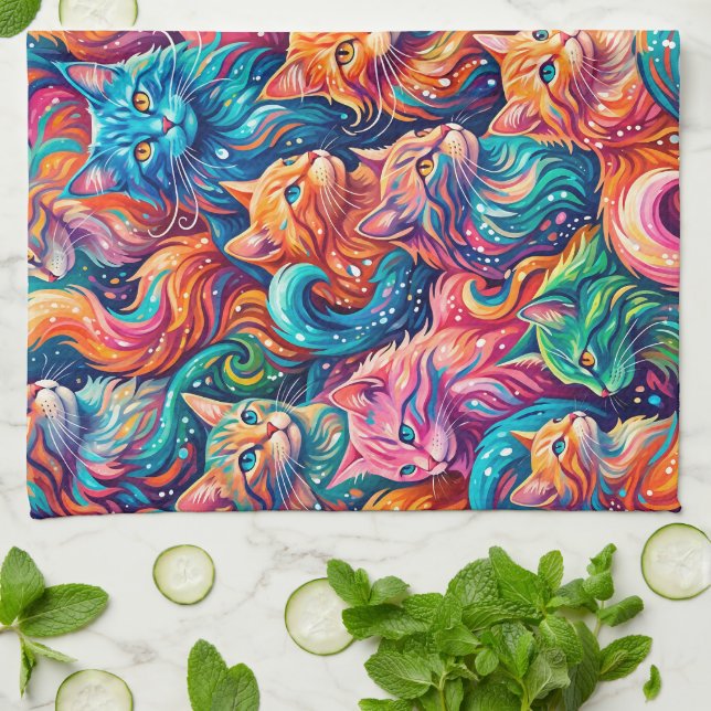 Vibrant Cat Dreamscape – Psychedelic Boho Tea Towel (Folded)