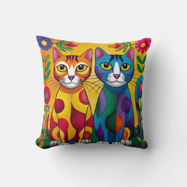 Vibrant Cat Duo - Artistic Floral  Cushion (Front)