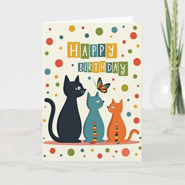 Vibrant Cats Butterfly Birthday Card (Front)