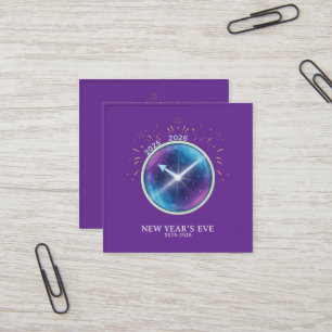 Vibrant Celestial Clock New Year's Eve 2026 Party Square Business Card