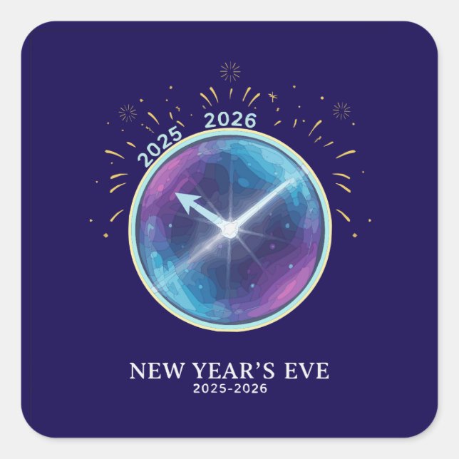 Vibrant Celestial Clock New Year's Eve 2026 Party Square Sticker (Front)