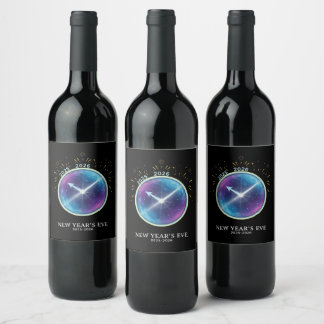 Vibrant Celestial Clock New Year's Eve 2026 Party Wine Label