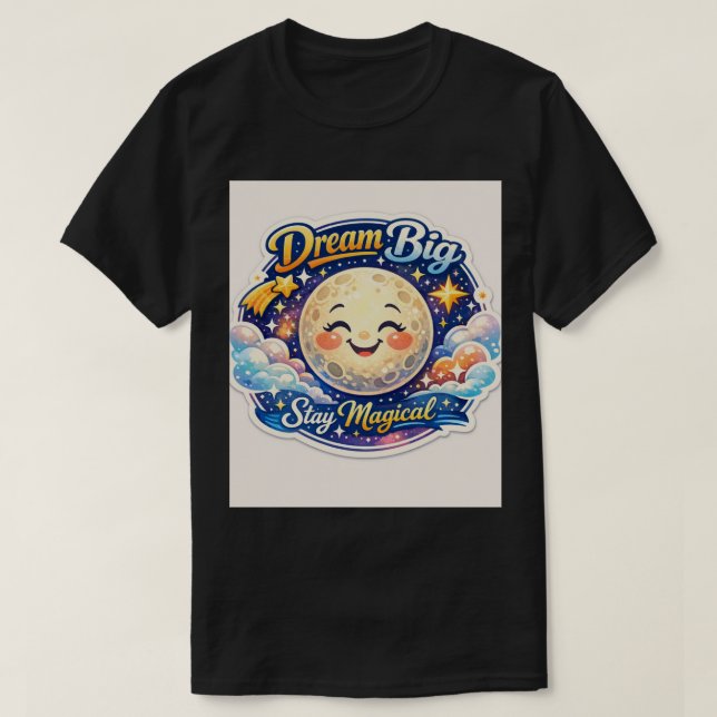 Vibrant Celestial Magic Smiling Moon & Stars T-Shirt (Design Front)
