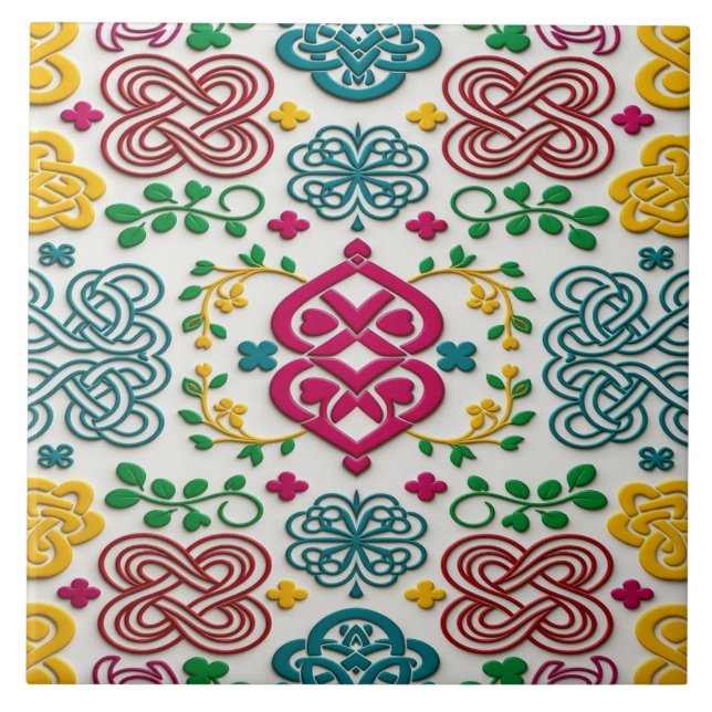 Vibrant Celtic Heart & Knot Floral Symphony Tile (Front)