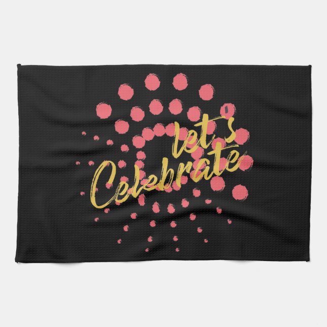 Vibrant, cheerful, fun design of "Let's Celebrate" Tea Towel (Horizontal)
