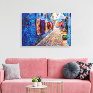 Vibrant Chefchaouen Blue City Moroccan Oil Paint Canvas Print