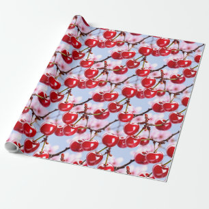 Vibrant Cherry Blossom and Red Cherries Watercolor Wrapping Paper