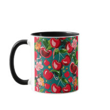 Vibrant Cherry & Floral Pattern on Teal Background