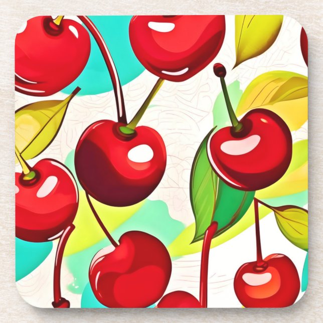 Vibrant Cherry Pattern Coaster (Front)