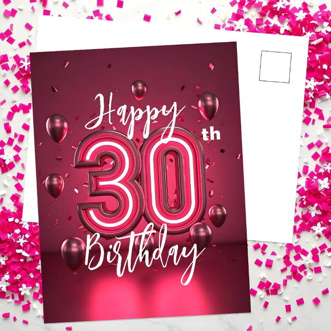 Vibrant Chic Neon Pink 30th Birthday with Balloons Postcard (Creator Uploaded)