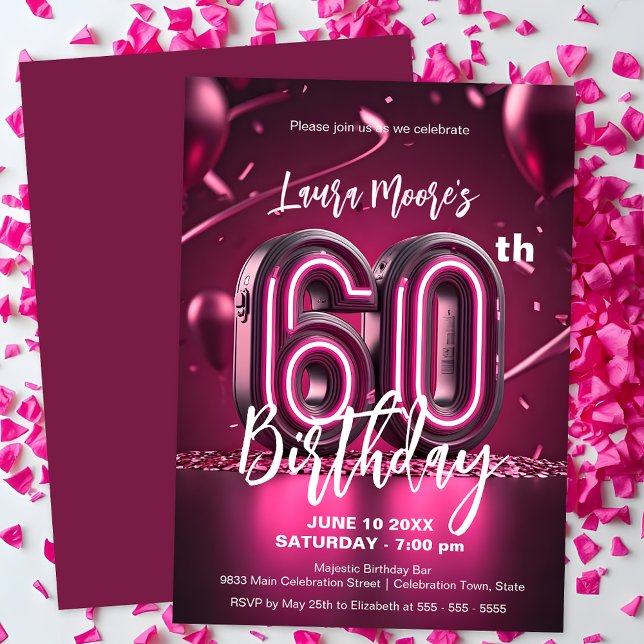 Vibrant Chic Neon Pink 60th Birthday Celebration Invitation (Creator Uploaded)