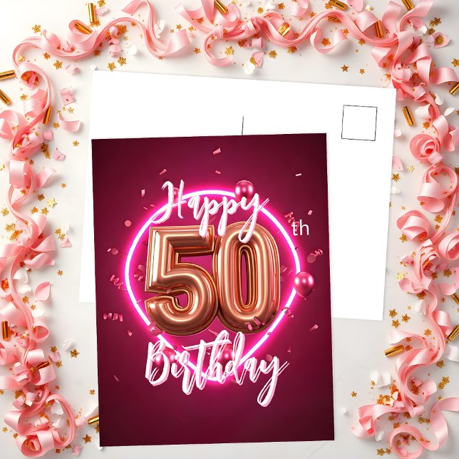 Vibrant Chic Rose Gold and Pink Neon 50th Birthday Postcard (Creator Uploaded)
