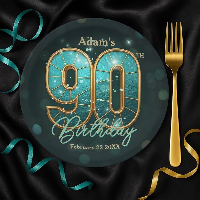 Vibrant Chic Teal Gold Metallic 90th Birthday Paper Plate (Creator Uploaded)
