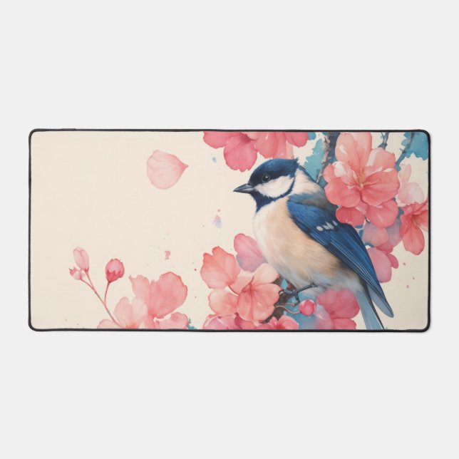 Vibrant Chickadee Hot Pink Cherry Blossom Desk Mat (Front)